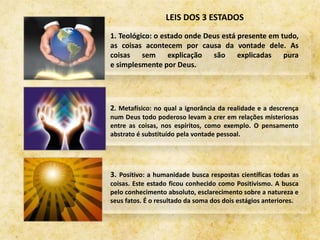 1. Teológico: o estado onde Deus está presente em tudo,
as coisas acontecem por causa da vontade dele. As
coisas sem explicação são explicadas pura
e simplesmente por Deus.
2. Metafísico: no qual a ignorância da realidade e a descrença
num Deus todo poderoso levam a crer em relações misteriosas
entre as coisas, nos espíritos, como exemplo. O pensamento
abstrato é substituído pela vontade pessoal.
3. Positivo: a humanidade busca respostas científicas todas as
coisas. Este estado ficou conhecido como Positivismo. A busca
pelo conhecimento absoluto, esclarecimento sobre a natureza e
seus fatos. É o resultado da soma dos dois estágios anteriores.
LEIS DOS 3 ESTADOS
 
