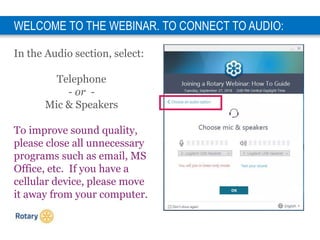1
WELCOME TO THE WEBINAR. TO CONNECT TO AUDIO:
In the Audio section, select:
Telephone
- or -
Mic & Speakers
To improve sound quality,
please close all unnecessary
programs such as email, MS
Office, etc. If you have a
cellular device, please move
it away from your computer.
 