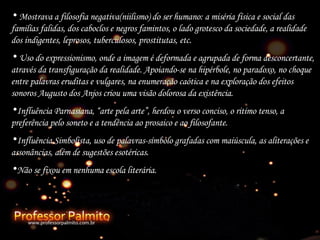 Mostrava a filosofia negativa(niilismo) do ser humano: a miséria física e social das familías falidas, dos caboclos e negros famintos, o lado grotesco da sociedade, a realidade dos indigentes, leprosos, tuberculosos, prostitutas, etc. Uso do expressionismo, onde a imagem é deformada e agrupada de forma desconcertante, através da transfiguração da realidade. Apoiando-se na hipérbole, no paradoxo, no choque entre palavras eruditas e vulgares, na enumeração caótica e na exploração dos efeitos sonoros Augusto dos Anjos criou uma visão dolorosa da existência. Influência Parnasiana, “arte pela arte”, herdou o verso conciso, o ritimo tenso, a preferência pelo soneto e a tendência ao prosaico e ao filosofante. Influência Simbolista, uso de palavras-símbolo grafadas com maiúscula, as aliterações e assonâncias, além de sugestões esotéricas. Não se fixou em nenhuma escola literária. 