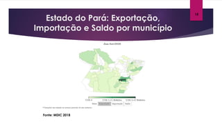 Estado do Pará: Exportação,
Importação e Saldo por município
Fonte: MDIC 2018
15
 