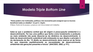 Modelo Triple Bottom Line
Sabe-se que o problema central que dá origem à preocupação ambiental é o
desenvolvimento. Por isso uma política que tenha como fundamento a proteção
ao meio ambiente não pode dissociar-se da dinâmica do desenvolvimento. A
ideia de desenvolvimento sustentável está embasada no que dispõe o princípio 3
da declaração do Rio: “O direito ao desenvolvimento deve exercer-se de forma
tal, que responda equitativamente as necessidades de desenvolvimento
ambientais das gerações presentes e futuras” (MACEDO, 2002, p.191).
24
“Países podem criar instituições, políticas e leis necessárias para assegurar que os recursos
beneficiem todos os cidadãos” Joseph E. Stiglitz
Prêmio Nobel de Economia e professor da Universidade de Colúmbia
 