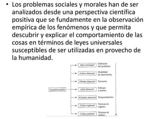 • Los problemas sociales y morales han de ser 
analizados desde una perspectiva científica 
positiva que se fundamente en la observación 
empírica de los fenómenos y que permita 
descubrir y explicar el comportamiento de las 
cosas en términos de leyes universales 
susceptibles de ser utilizadas en provecho de 
la humanidad. 
 