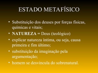 ESTADO METAFÍSICO
• Substituição dos deuses por forças físicas,
químicas e vitais;
• NATUREZA = Deus (teológico)
• explicar natureza íntima, ou seja, causa
primeira e fim último;
• substituição da imaginação pela
argumentação;
• homem se desvincula do sobrenatural.
 
