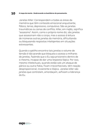 10 O mapa da mente . Desbravando os bastidores do pensamento.
Janelas Killer: Correspondem a todas as áreas da
memória que têm conteúdo emocional angustiante,
fóbico, tenso, depressivo, compulsivo. São as janelas
traumáticas ou zonas de conflito. Killer, em inglês, significa
“assassino”. Assim, como o próprio nome diz, são janelas
que assassinam não o corpo, mas o acesso à leitura
de inúmeras outras janelas da memória, dificultando
ou bloqueando respostas inteligentes em situações
estressantes.
Quando o gatilho encontra tais janelas o volume de
tensão é tão grande que bloqueia o acesso a milhares
de janelas, fazendo que o Eu seja prisioneiro dentro de
si mesmo, incapaz de dar uma resposta lógica. Por isso,
mesmo intelectuais, quando estão sob um ataque de
pânico ou outra fobia, ficam irreconhecíveis, têm reação
desproporcional, incoerente e ilógica. Janelas killer são
janelas que controlam, amordaçam, asfixiam a liderança
do Eu.
 