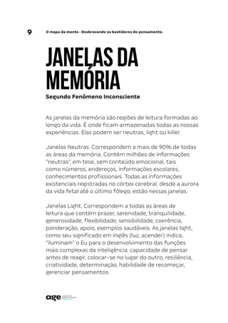 9 O mapa da mente . Desbravando os bastidores do pensamento.
JANELASDA
MEMÓRIA
As janelas da memória são regiões de leitura formadas ao
longo da vida. É onde ficam armazenadas todas as nossas
experiências. Elas podem ser neutras, light ou killer.
Janelas Neutras: Correspondem a mais de 90% de todas
as áreas da memória. Contêm milhões de informações
“neutras”, em tese, sem conteúdo emocional, tais
como números, endereços, informações escolares,
conhecimentos profissionais. Todas as informações
existenciais registradas no córtex cerebral, desde a aurora
da vida fetal até o último fôlego, estão nessas janelas.
Janelas Light: Correspondem a todas as áreas de
leitura que contêm prazer, serenidade, tranquilidade,
generosidade, flexibilidade, sensibilidade, coerência,
ponderação, apoio, exemplos saudáveis. As janelas light,
como seu significado em inglês (luz, acender) indica,
“iluminam” o Eu para o desenvolvimento das funções
mais complexas da inteligência: capacidade de pensar
antes de reagir, colocar-se no lugar do outro, resiliência,
criatividade, determinação, habilidade de recomeçar,
gerenciar pensamentos.
Segundo Fenômeno Inconsciente
 