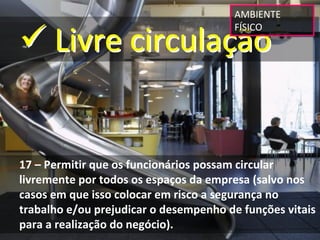AMBIENTE 


 Livre circulação
                                        FÍSICO




17 – Permitir que os funcionários possam circular 
livremente por todos os espaços da empresa (salvo nos 
casos em que isso colocar em risco a segurança no 
trabalho e/ou prejudicar o desempenho de funções vitais 
para a realização do negócio).
 