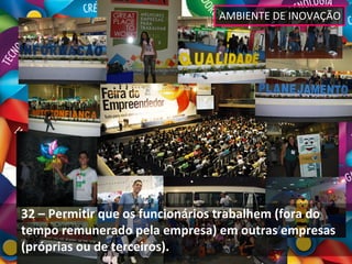 AMBIENTE DE INOVAÇÃO




32 – Permitir que os funcionários trabalhem (fora do 
tempo remunerado pela empresa) em outras empresas 
(próprias ou de terceiros).
 