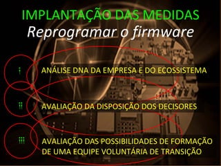 IMPLANTAÇÃO DAS MEDIDAS
      Reprogramar o firmware

i      ANÁLISE DNA DA EMPRESA E DO ECOSSISTEMA 



ii     AVALIAÇÃO DA DISPOSIÇÃO DOS DECISORES



iii    AVALIAÇÃO DAS POSSIBILIDADES DE FORMAÇÃO 
       DE UMA EQUIPE VOLUNTÁRIA DE TRANSIÇÃO 
 