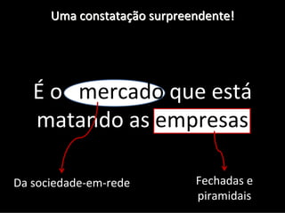 Uma constatação surpreendente!




   É o   mercado que está
   matando as empresas

Da sociedade‐em‐rede         Fechadas e 
                             piramidais
 