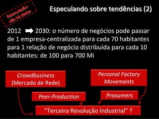  
        ação:         Especulando sobre tendências (2)
   e cul ados
Esp  há d
 não

2012         2030: o número de negócios pode passar 
de 1 empresa‐centralizada para cada 70 habitantes 
para 1 relação de negócio distribuída para cada 10 
habitantes: de 100 para 700 Mi

    Crowdbusiness                       Personal Factory 
  (Mercado de Rede)                       Movements

                  Peer‐Production          Prosumers

                    “Terceira Revolução Industrial” ?
 