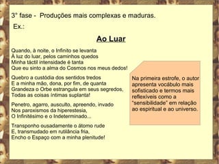 3° fase - Produções mais complexas e maduras. 
Ex.: 
Ao Luar 
Quando, à noite, o Infinito se levanta 
À luz do luar, pelos caminhos quedos 
Minha táctil intensidade é tanta 
Que eu sinto a alma do Cosmos nos meus dedos! 
Quebro a custódia dos sentidos tredos 
E a minha mão, dona, por fim, de quanta 
Grandeza o Orbe estrangula em seus segredos, 
Todas as coisas íntimas suplanta! 
Penetro, agarro, ausculto, apreendo, invado 
Nos paroxismos da hiperestesia, 
O Infinitésimo e o Indeterminado... 
Transponho ousadamente o átomo rude 
E, transmudado em rutilância fria, 
Encho o Espaço com a minha plenitude! 
Na primeira estrofe, o autor 
apresenta vocábulo mais 
sofisticado e termos mais 
reflexíveis como a 
“sensibilidade” em relação 
ao espiritual e ao universo. 
 