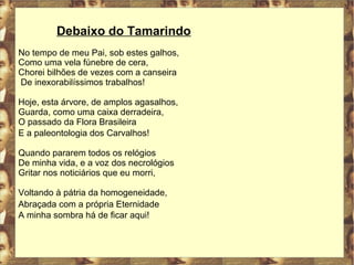 Debaixo do Tamarindo 
No tempo de meu Pai, sob estes galhos, 
Como uma vela fúnebre de cera, 
Chorei bilhões de vezes com a canseira 
De inexorabilíssimos trabalhos! 
Hoje, esta árvore, de amplos agasalhos, 
Guarda, como uma caixa derradeira, 
O passado da Flora Brasileira 
E a paleontologia dos Carvalhos! 
Quando pararem todos os relógios 
De minha vida, e a voz dos necrológios 
Gritar nos noticiários que eu morri, 
Voltando à pátria da homogeneidade, 
Abraçada com a própria Eternidade 
A minha sombra há de ficar aqui! 
 