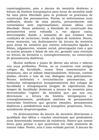 constrangimento, pois a âncora da memória deslocou a
leitura da história intrapsíquica para áreas da memória onde
há uma plena liberdade para se produzir os processos de
construção dos pensamentos. Porém, se estivéssemos num
anfiteatro, diante de uma platéia, provavelmente não
cantaríamos nem expressaríamos nossas idéias com
liberdade. Nesse ambiente, a liberdade de construção dos
pensamentos seria reduzida e, em alguns casos,
interrompida, dando a sensação de que estamos sem
condições de raciocinar, tendo um lapso de memória. Houve,
nesse momento, um deslocamento da âncora da memória
para áreas da memória que contêm informações ligadas a
fobias, julgamentos, vexame social, preocupação com o que
os outros pensam e falam de nós etc, gerando uma restrição
na leitura da memória e, conseqüentemente, na construção
de pensamentos dialéticos.
Muitos médicos e juízes de direito são sérios e sóbrios
nas suas profissões. Porém, ao se reunirem com antigos
colegas da faculdade, numa festa comemorativa de
formatura, eles se soltam emocionalmente, brincam, contam
piadas, elevam o tom da voz, dialogam sem policiamento.
Nesses ambientes e circunstâncias psicossociais, os
estímulos extrapsíquicos (comportamentos dos colegas da
faculdade) e intrapsíquicos (resgate de experiências dos
tempos de faculdade) deslocam a âncora da memória para
determinadas "regiões" da memória que, por sua vez,
direcionam a leitura da história intrapsíquica e,
conseqüentemente, produzem matrizes de pensamentos
essenciais históricos que gerarão emoções, pensamentos
dialéticos e antidialéticos mais tranqüilos, prazerosos, livres,
socialmente despreocupados.
Os deslocamentos da âncora da memória direcionam a
qualidade das idéias e reações emocionais que produzimos
num determinado momento da existência. Parece que somos
livres para pensar o que quisermos em cada momento de
nossas vidas. Porém, esta é uma verdade parcial. A âncora da
 