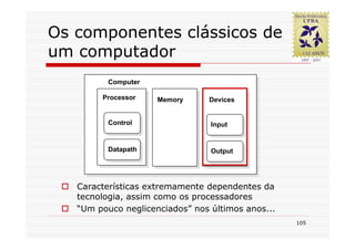 Os componentes clássicos de
um computador
          Computer

        Processor    Memory     Devices


          Control                Input


          Datapath               Output




   Características extremamente dependentes da
   tecnologia, assim como os processadores
   “Um pouco neglicenciados” nos últimos anos...
                                                   105
 