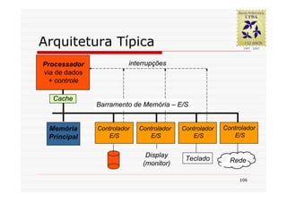 Arquitetura Típica
Processador              interrupções
via de dados
  + controle

   Cache
               Barramento de Memória – E/S


 Memória       Controlador   Controlador   Controlador   Controlador
 Principal        E/S           E/S           E/S           E/S


                               Display
                                            Teclado        Rede
                              (monitor)

                                                              106
 