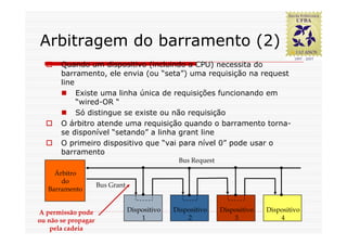 Arbitragem do barramento (2)
       Quando um dispositivo (incluindo a CPU) necessita do
       barramento, ele envia (ou “seta”) uma requisição na request
       line
            Existe uma linha única de requisições funcionando em
            “wired-OR “
            Só distingue se existe ou não requisição
       O árbitro atende uma requisição quando o barramento torna-
       se disponível “setando” a linha grant line
       O primeiro dispositivo que “vai para nível 0” pode usar o
       barramento
                                                Bus Request
     Árbitro
       do
                     Bus Grant
   Barramento


A permissão pode                 Dispositivo   Dispositivo    Dispositivo   Dispositivo
ou não se propagar                   1             2              3             4 121
    pela cadeia
 