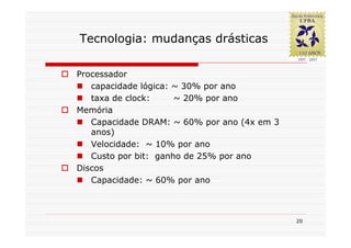 Tecnologia: mudanças drásticas

Processador
   capacidade lógica: ~ 30% por ano
   taxa de clock:     ~ 20% por ano
Memória
   Capacidade DRAM: ~ 60% por ano (4x em 3
   anos)
   Velocidade: ~ 10% por ano
   Custo por bit: ganho de 25% por ano
Discos
   Capacidade: ~ 60% por ano



                                             20
 