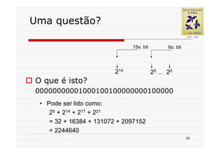 Uma questão?

                               15o. bit          6o. bit




                         214              25 ... 20
O que é isto?
00000000001000100100000000100000
 • Pode ser lido como:
    25 + 214 + 217 + 221
    = 32 + 16384 + 131072 + 2097152
    = 2244640
                                                           28
 