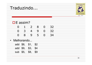 Traduzindo...


   E assim?
    0    1    2     8   0   32
    0    3    4     9   0   32
    0    8    9     5   0   34
• Melhorando...
   add $8,   $1,   $2
   add $9,   $3,   $4
   sub $5,   $8,   $9

                                 30
 