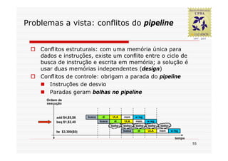 Problemas a vista: conflitos do pipeline


    Conflitos estruturais: com uma memória única para
    dados e instruções, existe um conflito entre o ciclo de
    busca de instrução e escrita em memória; a solução é
    usar duas memórias independentes (design)
    Conflitos de controle: obrigam a parada do pipeline
       Instruções de desvio
       Paradas geram bolhas no pipeline
      Ordem de
      execução



           add $4,$5,$6    busca    di      ULA    mem     w reg
           beq $1,$2,40            busca     di    ULA     mem     w reg
                                           bolha   bolha   bolha   bolha   bolha

           lw $3,300($0)                           busca    di     ULA     mem     w reg

                                                                                     tempo
                                                                                             55
 