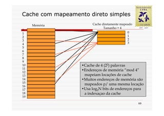 Cache com mapeamento direto simples
     Memória            Cache diretamente mapeado
                               Tamanho = 4
0
1                                             0
2                                             1
3                                             2
4                                             3
5
6
7
8
9
10                 •Cache de 4 (22) palavras
11
12
                   •Endereços de memória “mod 4”
13                  mapeiam locações de cache
14                 •Muitos endereços de memória são
15
16
                    mapeados p/ uma mesma locação
17                 •Usa log2N bits de endereços para
18                  a indexaçao da cache
19

                                                    69
 