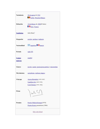 Nacimiento

26 de agosto de 1914
Ixelles, Bruselas,Bélgica

Defunción

12 de febrero de 1984(69 años)
París, Francia

Seudónimo

Julio Denis1

Ocupación

escritor, profesor, traductor

Nacionalidad

argentino,

Período

siglo XX

Lengua

francés

español

materna

Género

novela, cuento, poesía,prosa poética y microrrelato

Movimientos

surrealismo, realismo mágico

Cónyuge

Aurora Bernárdez (1953-1967)
UgnéKarvelis (1967-1970)
Carol Dunlop (1970 -1982)

Firma

Premios

Premio MédicisEtranger(1974)
Premio Konex posmórtem (1984)

Sitio web oficial

 