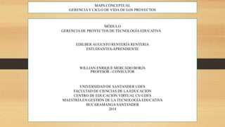 MAPA CONCEPTUAL
GERENCIA Y CICLO DE VIDA DE LOS PROYECTOS
MÓDULO
GERENCIA DE PROYECTOS DE TECNOLOGÍA EDUCATIVA
EDILBER AUGUSTO RENTERÍA RENTERIA
ESTUDIANTES-APRENDIENTE
WILLIAN ENRIQUE MERCADO BORJA
PROFESOR - CONSULTOR
UNIVERSIDAD DE SANTANDER UDES
FACULTAD DE CIENCIAS DE LA EDUCACIÓN
CENTRO DE EDUCACIÓN VIRTUAL CV-UDES
MAESTRÍA EN GESTIÓN DE LA TECNOLOGÍA EDUCATIVA
BUCARAMANGA SANTANDER
2018
 