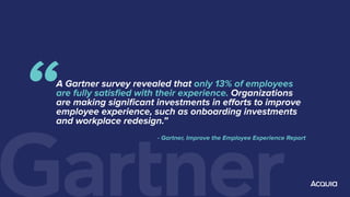 A Gartner survey revealed that only 13% of employees
are fully satisﬁed with their experience. Organizations
are making signiﬁcant investments in eﬀorts to improve
employee experience, such as onboarding investments
and workplace redesign.”
- Gartner, Improve the Employee Experience Report
“
 