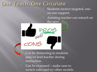  Students receive targeted, one-
on-one support.
 Assisting teacher can reteach on
the spot.
 Can be distracting to students
and/or lead teacher during
instruction.
 Can be overused – make sure to
switch roles and try other models.
 