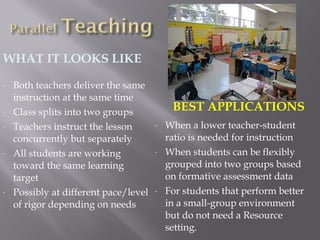 WHAT IT LOOKS LIKE
BEST APPLICATIONS
- Both teachers deliver the same
instruction at the same time
- Class splits into two groups
- Teachers instruct the lesson
concurrently but separately
- All students are working
toward the same learning
target
- Possibly at different pace/level
of rigor depending on needs
- When a lower teacher-student
ratio is needed for instruction
- When students can be flexibly
grouped into two groups based
on formative assessment data
- For students that perform better
in a small-group environment
but do not need a Resource
setting.
 