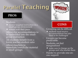 PROSPROS
CONSCONS
 Students
 receive targeted instruction in a
small-group environment
 remain with their peers
 Allows for accommodations to
be embedded into the small-
group instruction
 All students benefit from a
lower teacher-student ratio
 Allows teachers to
remediate/enrich the material
in small groups
 Grouping can be difficult
 students must receive
accommodations but also
need to be challenged
 Groups can become
predictable
 Students can feel
marginalized
 make sure to change up the
groups and who teaches them
 Harder to provide one-on-
one support
 