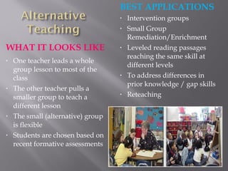 WHAT IT LOOKS LIKE
BEST APPLICATIONS
• One teacher leads a whole
group lesson to most of the
class
• The other teacher pulls a
smaller group to teach a
different lesson
• The small (alternative) group
is flexible
• Students are chosen based on
recent formative assessments
• Intervention groups
• Small Group
Remediation/Enrichment
• Leveled reading passages
reaching the same skill at
different levels
• To address differences in
prior knowledge / gap skills
• Reteaching
 