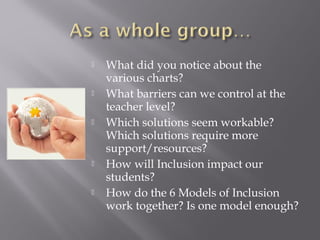  What did you notice about the
various charts?
 What barriers can we control at the
teacher level?
 Which solutions seem workable?
Which solutions require more
support/resources?
 How will Inclusion impact our
students?
 How do the 6 Models of Inclusion
work together? Is one model enough?
 