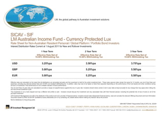 LM, the global pathway to Australian investment solutions




SICAV - SIF
LM Australian Income Fund - Currency Protected Lux
Rate Sheet for Non-Australian Resident Personal / Global Platform / Portfolio Bond Investors
Interest Distribution Rates Current at 1 August 2011 for New and Rollover Investments

                                                 1 Year Term                                                          2 Year Term                                                              3 Year Term
                                         Effective Rate Net of                                                Effective Rate Net of                                                    Effective Rate Net of
                                        10.00% Withholding Tax                                               10.00% Withholding Tax                                                   10.00% Withholding Tax


  USD                                             3.25%pa                                                               3.50%pa                                                                 3.75%pa

  GBP                                             5.00%pa                                                               5.25%pa                                                                 5.50%pa

  EUR                                             5.00%pa                                                               5.25%pa                                                                 5.50%pa

Effective rates are calculated on the basis that all distributions are reinvested annually and the investment is held for the entire investment term. These rates assume rates remain the same for 12 months, are net of fund fees and
expenses, including any relevant adviser fees and 10.00% non-resident withtholding tax. In addition, rates may vary to be higher or lower than expected depending on the performance of the fund assets and other conditions during
the term of investment. Past performance is not a reliable indicator of future performance.
Two (2) and three (3) year rates are calculated to provide a margin of outperformance against the one (1) year rate. Investors should check current 2 and 3 year rates at least annually for any change that may apply when rolling into
the next annual investment cycle.
The investment is not a bank deposit and has a different risk profile to cash. Investors should discuss the investment and any associated risks with their financial adviser, including the potential risk of loss of some or all of the
principal investment.
LM Investment Management Ltd (LM) is the distributor of the product and not a provider of financial advice. Investors should seek independent financial advice, read and consider the relevant Offering Document and fund Information
Document issued by KMG SICAV-SIF (available at www.LMaustralia.com or by contacting LM, details below) before making any decision about the product.
Not for distribution to Hong Kong public.

                                                                                                                                                                               ABN 68077208461 Responsible Entity & AFSL No. 220281
                                                                                        GOLD COAST | SYDNEY | PERTH | HONG KONG | AUCKLAND | QUEENSTOWN | LONDON | DUBAI | JOHANNESBURG | BANGKOK
                                            HEAD OFFICE Level 4 9 Beach Rd Surfers Paradise Qld 4217 Australia T +61 7 5584 4500 F +61 7 5592 2505 Freecall 1800 062 919 E mail@LMaustralia.com www.LMaustralia.com
 