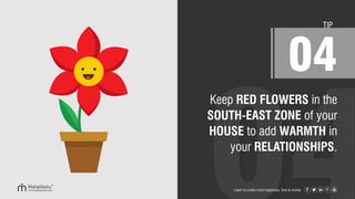 Keep RED FLOWERS in the
SOUTH-EAST ZONE of your
HOUSE to add WARMTH in
your RELATIONSHIPS.
TIP
04
Learn to create more happiness, love & money
 