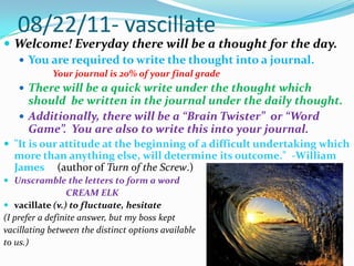 08/22/11- vascillate Welcome! Everyday there will be a thought for the day. You are required to write the thought into a journal.  Your journal is 20% of your final grade There will be a quick write under the thought which should  be written in the journal under the daily thought. Additionally, there will be a “Brain Twister”  or “Word Game”.  You are also to write this into your journal. "It is our attitude at the beginning of a difficult undertaking which more than anything else, will determine its outcome."  -William James     (author of Turn of the Screw.) Unscramble the letters to form a word                                CREAM ELK vacillate (v.) to fluctuate, hesitate  (I prefer a definite answer, but my boss kept  vacillating between the distinct options available to us.) 