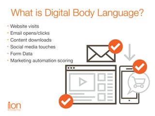 What is Digital Body Language?
• Website visits

• Email opens/clicks

• Content downloads

• Social media touches

• Form...