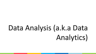 What is Data Analysis?
Wikipedia: Data analysis is the process of
inspecting, cleaning, transforming, and modeling
data wi...