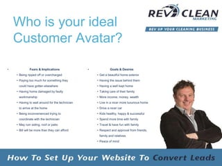 • Fears & Implications
• Being ripped off or overcharged
• Paying too much for something they
could have gotten elsewhere
• Having home damaged by faulty
workmanship
• Having to wait around for the technician
to arrive at the home
• Being inconvenienced trying to
coordinate with the technician
• May ruin siding, roof or patio
• Bill will be more than they can afford
• Goals & Desires
• Get a beautiful home exterior
• Having the issue behind them
• Having a well kept home
• Taking care of their family
• More income, money, wealth
• Live in a nicer more luxurious home
• Drive a nicer car
• Kids healthy, happy & successful
• Spend more time with family
• Travel & have fun with family
• Respect and approval from friends,
family and relatives
• Peace of mind
Who is your ideal
Customer Avatar?
 