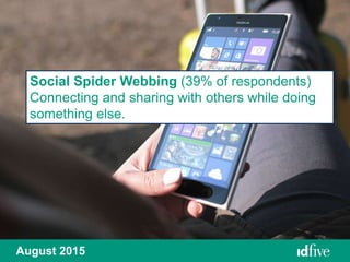 August 2015
Social Spider Webbing (39% of respondents)
Connecting and sharing with others while doing
something else.
 