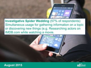 August 2015
Investigative Spider Wedding (57% of respondents)
Simultaneous usage for gathering information on a topic
or discovering new things (e.g. Researching actors on
IMDB.com while watching a movie.
 