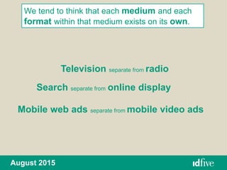 August 2015
We tend to think that each medium and each
format within that medium exists on its own.
Television separate from radio
Search separate from online display
Mobile web ads separate from mobile video ads
 