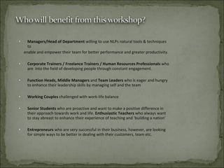 Managers/Head of Department  willing to use NLPs natural tools & techniques to  enable and empower their team for better performance and greater productivity.  Corporate Trainers / Freelance Trainers / Human Resources Professionals  who are  into the field of developing people through constant engagement. Function Heads, Middle Managers  and  Team Leaders  who is eager and hungry to enhance their leadership skills by managing self and the team Working Couples  challenged with work-life balance  Senior Students  who are proactive and want to make a positive difference in their approach towards work and life.  Enthusiastic Teachers  who always want to stay abreast to enhance their experience of teaching and ‘building a nation’ Entrepreneurs  who are very successful in their business, however, are looking for simple ways to be better in dealing with their customers, team etc. 