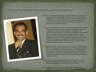 Shahir is a Certified Neuro Linguistic  Programming (NLP) Practitioner from  American Board of NLP (ABNLP),  secured Green Belt in Six Sigma  (RABQSA), and  an enthusiastic, energetic and a versatile trainer with a wide resource of tools, techniques, practices and processes to enable others  to take ownership of their future and  success  in a creative and fun oriented  manner.  As a people  development professional  with over fifteen years of hands-on international experience in the various  HR and talent management engagements, Shahir's ability to analyse,  comprehend, and persuasively present  the business solutions has gained  considerable buy-in for change initiatives  within the organizations.  Having travelled  extensively throughout Middle East,  Africa and India engaging in numerous talent management assignments, Shahir has developed an expertise in designing, developing and delivering innovative learning modules and tools for service industry and for middle management leadership development.  A professional member of Coach Consultants Consortium, ORGDYNE USA, Shahir has previously held senior roles as VP Training & Development for an upscale hotels consultancy organization in the Middle East, and Regional Training & Development Manager for InterContinental Hotels Group in Saudi Arabia, responsible for strategic management of talent development for InterContinental Hotels, Crowne Plaza and Holiday Inn brands. Compassionate and a great listener, Shahir often emerges as a trusted partner for his clients with his ability to walk miles in their shoes, together enabling them to achieve their business goals.  He is propelled by a vision of future, a clearly defined strategy fore execution,  and zeal to excel in performance by offering pragmatic solutions to his clients. 