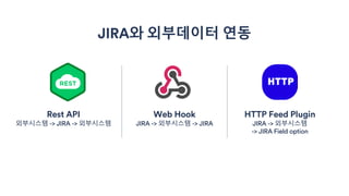Web Hook
JIRA -> 외부시스템 -> JIRA
JIRA와 외부데이터 연동
HTTP Feed Plugin
JIRA -> 외부시스템
-> JIRA Field option
Rest API
외부시스템 -> JIRA -> 외부시스템
 