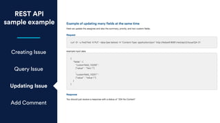 REST API
sample example
Creating Issue
Query Issue
Updating Issue
Add Comment
 