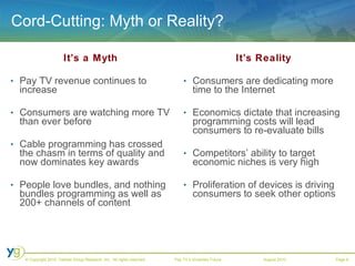 Cord-Cutting: Myth or Reality? It’s a Myth Pay TV revenue continues to increase Consumers are watching more TV than ever before Cable programming has crossed the chasm in terms of quality and now dominates key awards People love bundles, and nothing bundles programming as well as 200+ channels of content It’s Reality Consumers are dedicating more time to the Internet Economics dictate that increasing programming costs will lead consumers to re-evaluate bills Competitors’ ability to target economic niches is very high Proliferation of devices is driving consumers to seek other options 