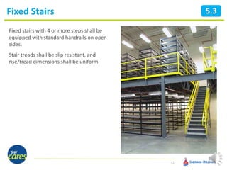 Fixed Stairs
12
5.3
Fixed stairs with 4 or more steps shall be
equipped with standard handrails on open
sides.
Stair treads shall be slip resistant, and
rise/tread dimensions shall be uniform.
 