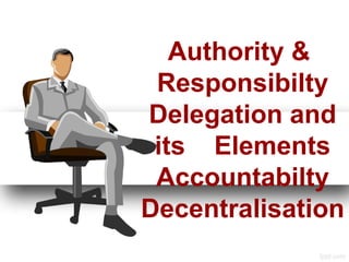 Authority &
 Responsibilty
Delegation and
 its Elements
 Accountabilty
Decentralisation
 