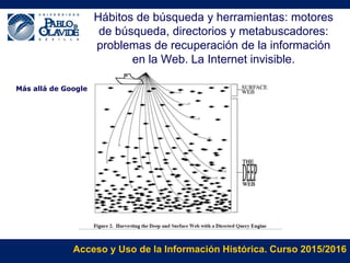 Acceso y Uso de la Información Histórica. Curso 2015/2016
Más allá de Google
Hábitos de búsqueda y herramientas: motores
de búsqueda, directorios y metabuscadores:
problemas de recuperación de la información
en la Web. La Internet invisible.
 